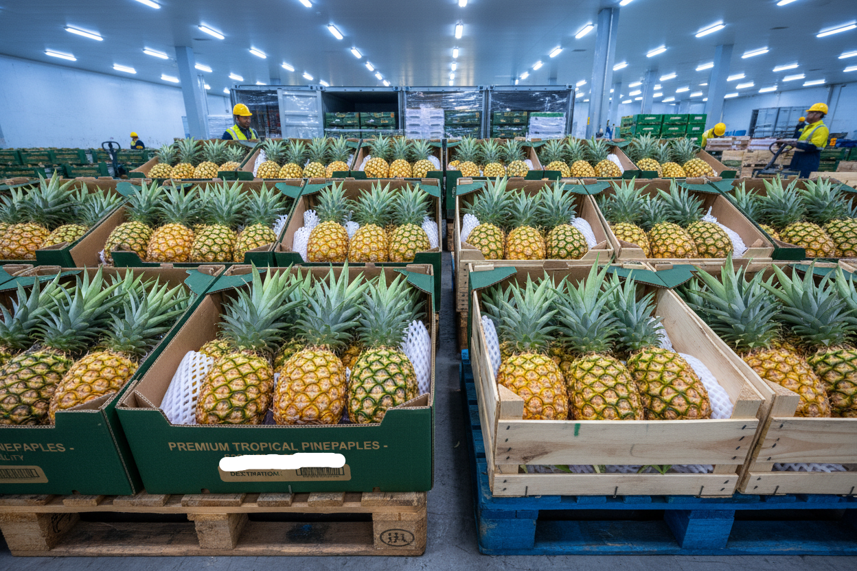 Export-grade pineapples prepared for refrigerated maritime shipment