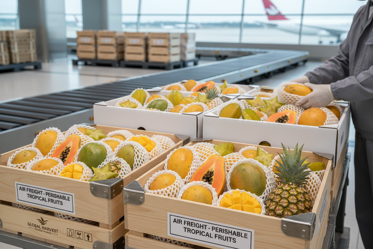 Premium tropical fruits prepared for air freight delivery