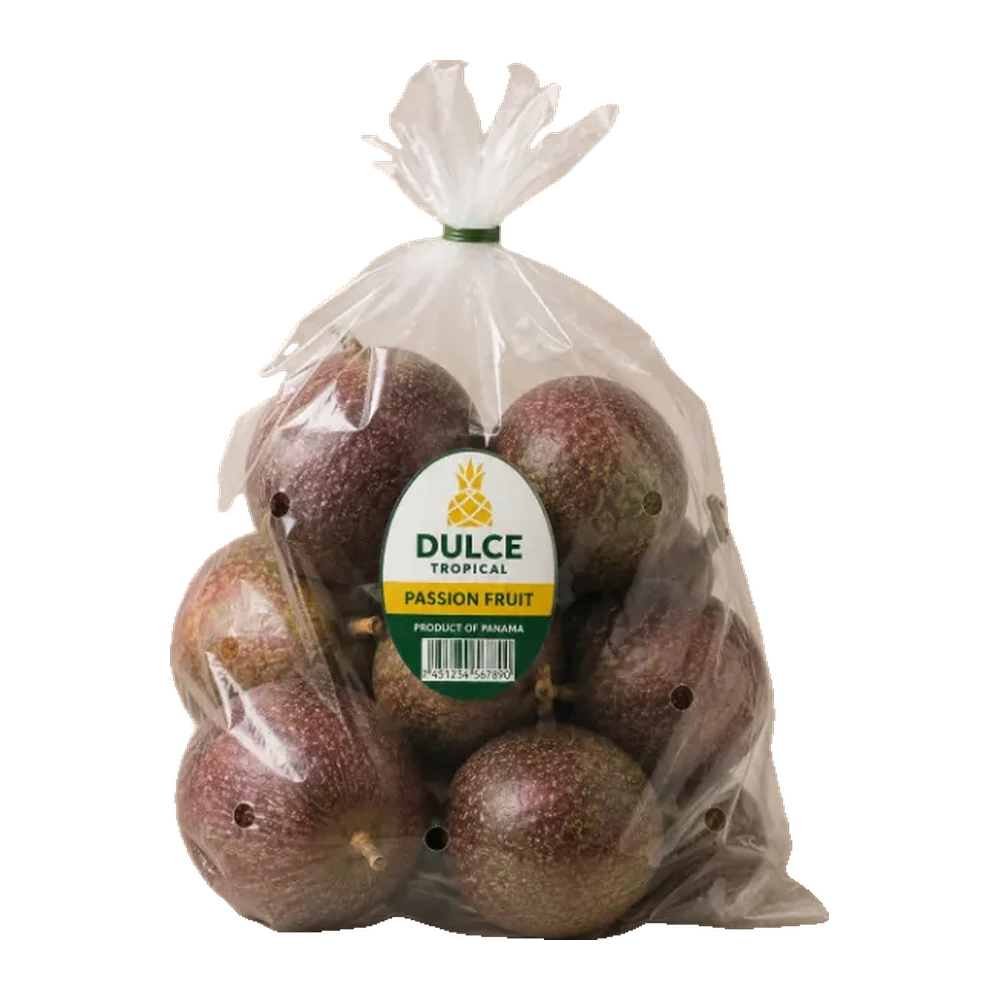 Bagged passion fruit with the Dulce Tropical label