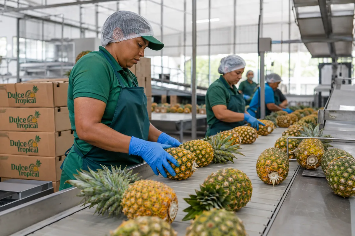 Line workers grading MD-2 pineapple on the packing conveyor beside Dulce Tropical cartons